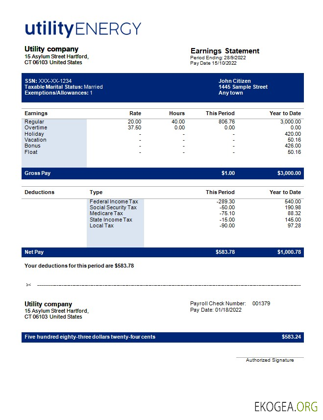 modèle de fiche de paie d'une entreprise de services publics aux formats Word et PDF.